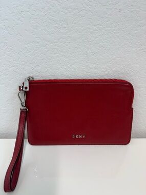 DKNY Red Leather Wristlet Pouch with Logo